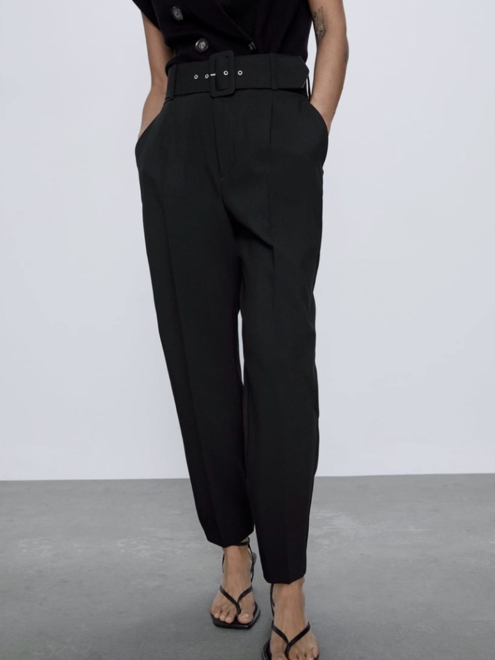Zara Black High-Waist Belted Tailored Trousers